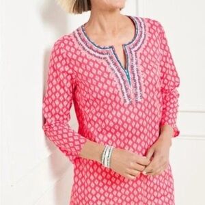 Talbots Red White Print Tunic Top Embroidered Neckline Size Large NWT